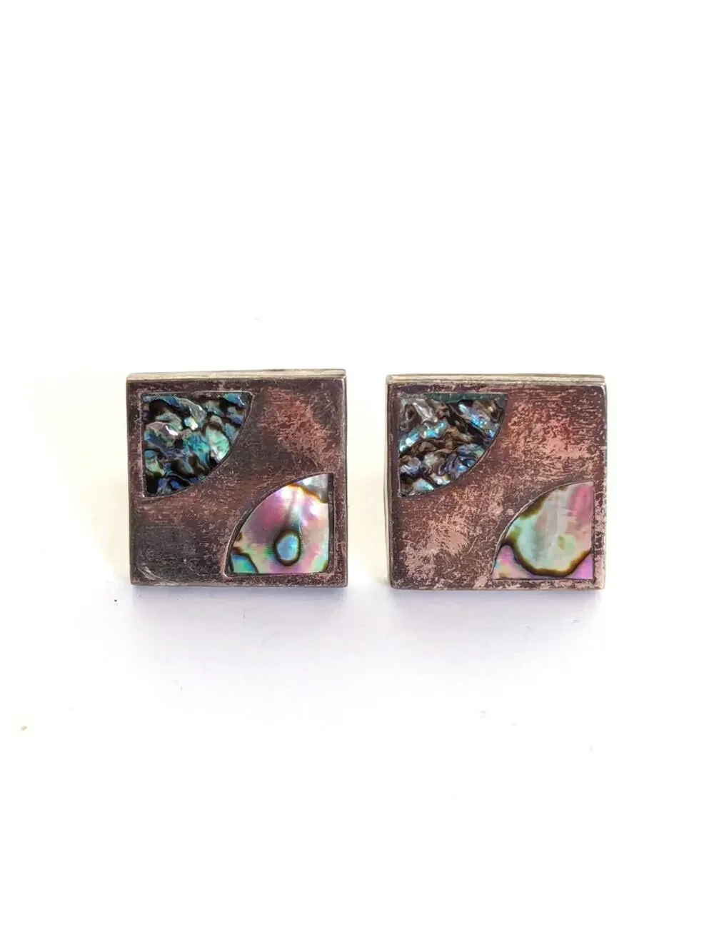 Vintage Estate Signed Sterling Silver Abalone Inlay Square Cuff Links